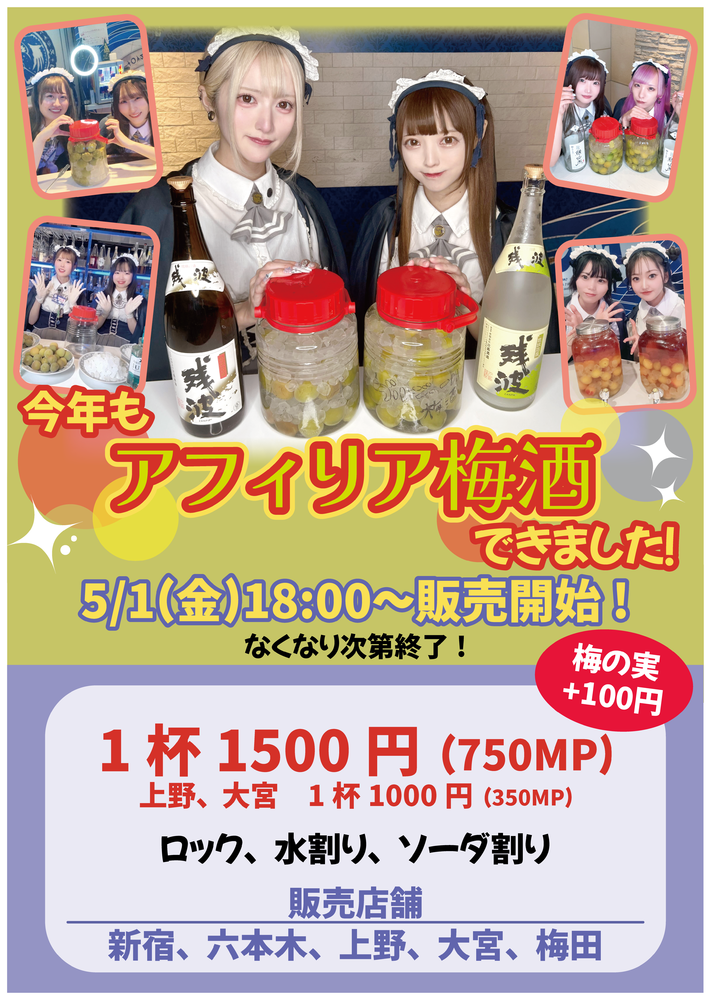 5/1(金)18:00～ アフィリア梅酒　解禁‼